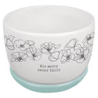 MACETA FLORAL BLANCA Y AZUL “His mercy never fails”