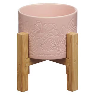 MACETA COLOR ROSA CON BASE EN BAMBOO